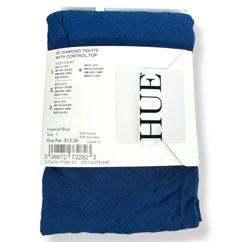 Hue 3D Diamond Tights with‎ Control Top Womens Size 1 Imperial Blue